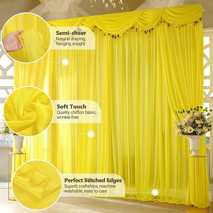10ft x 10ft Yellow Backdrop Curtain Drapes, Wrinkle-Free Sheer Chiffon Fabric - Image 5