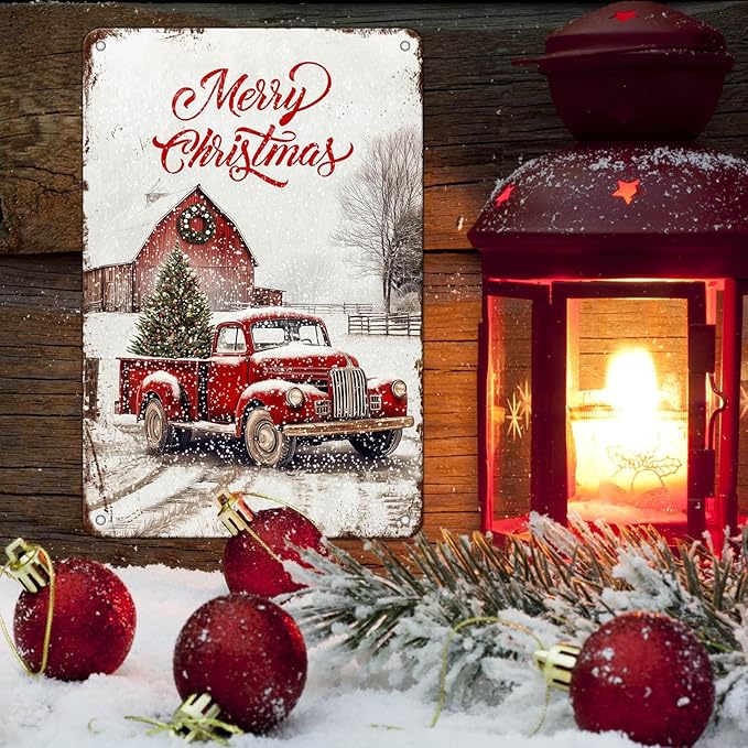 Vintage Christmas Red Truck Tin Sign Merry Christmas Truck Christmas Tree Metal - Image 5