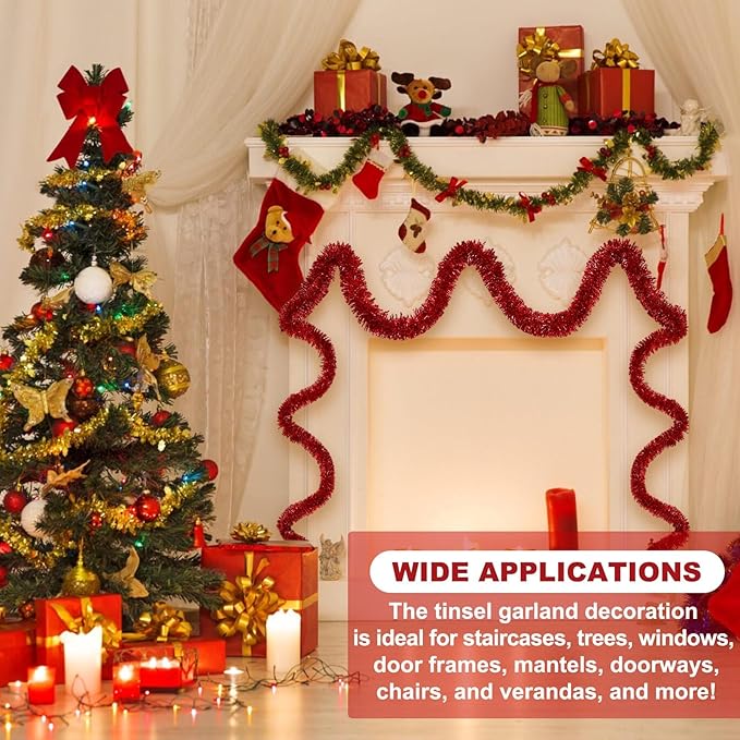 50 Feet Red Christmas Tinsel Garland, Metallic Foil Twist Banner Wall Hanging - Image 3