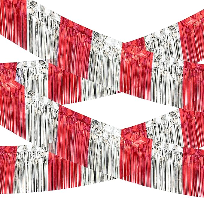4 Pack 10 Feet Red Silver Foil Fringe Garland Metallic Tinsel Streamers Banner by ILHSTY