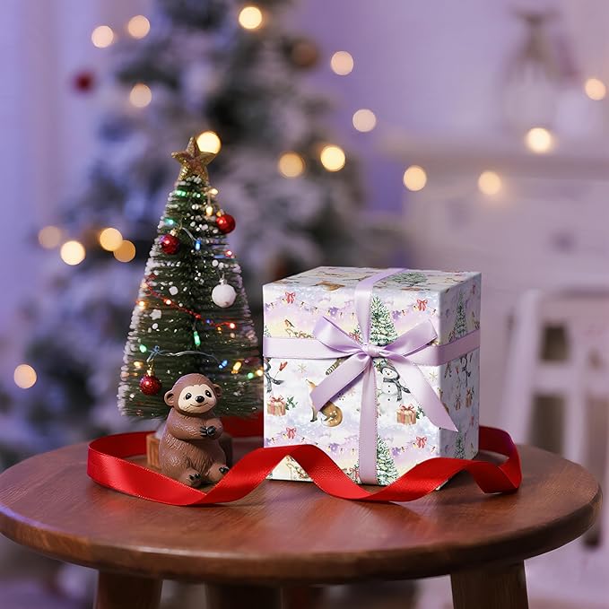 LeZakaa Christmas Reversible Wrapping Paper Roll, Watercolor Winter Forest - Image 5