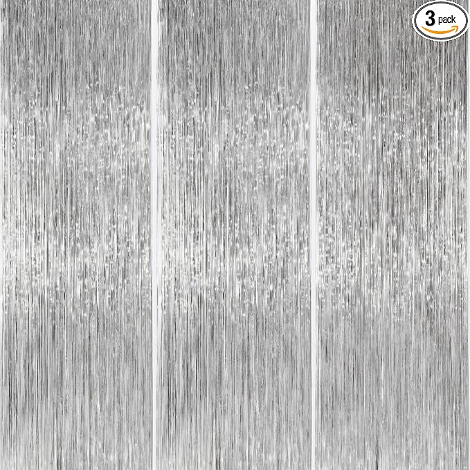 ParyWoo Silver Streamers 3pcs Tinsel Backdrop 8.2FT Metallic Tinsel Foil Fringe by PartyWoo