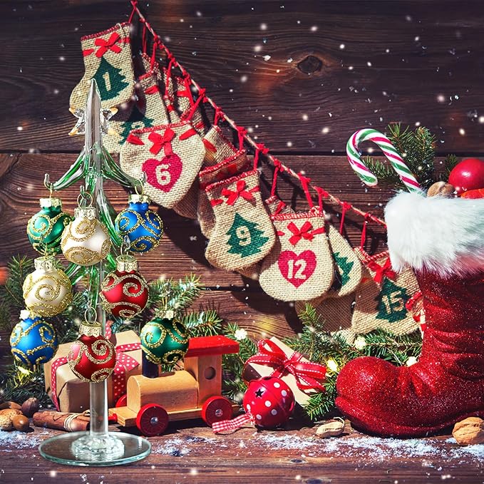 Glass Christmas Tree with 12 Ornament Glitter Balls Tabletop Wine Glass Charms - Image 6