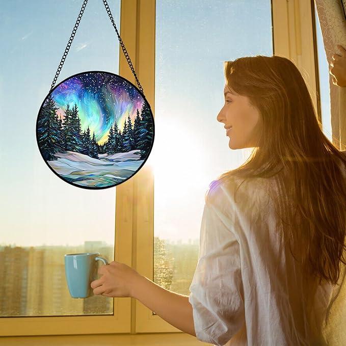 Stained Glass Window Hanging, Aurora Landscape Sun Catchers Glass Panel Green - Image 3