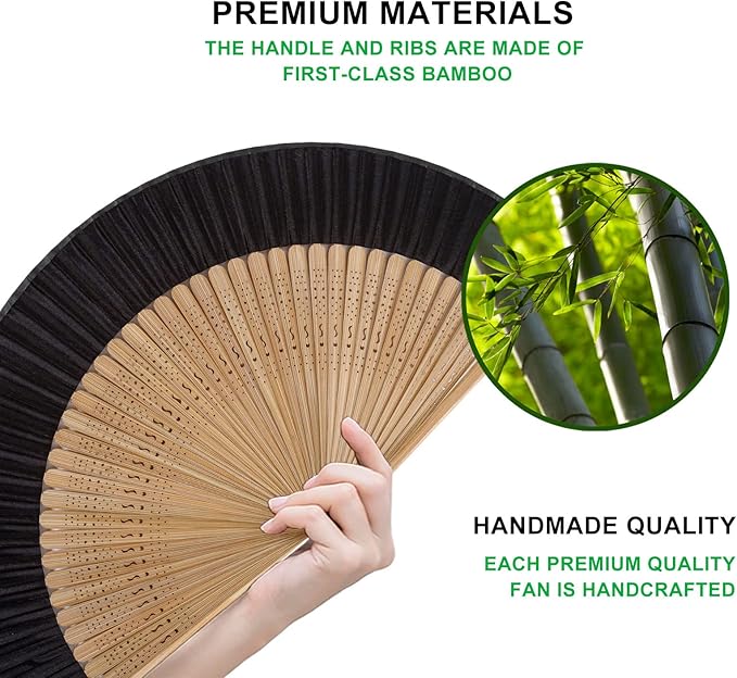 Amajiji 8.27" Hand Held Bamboo Silk Folding Fan Hand Fan, Chinese/Japanese - Image 3
