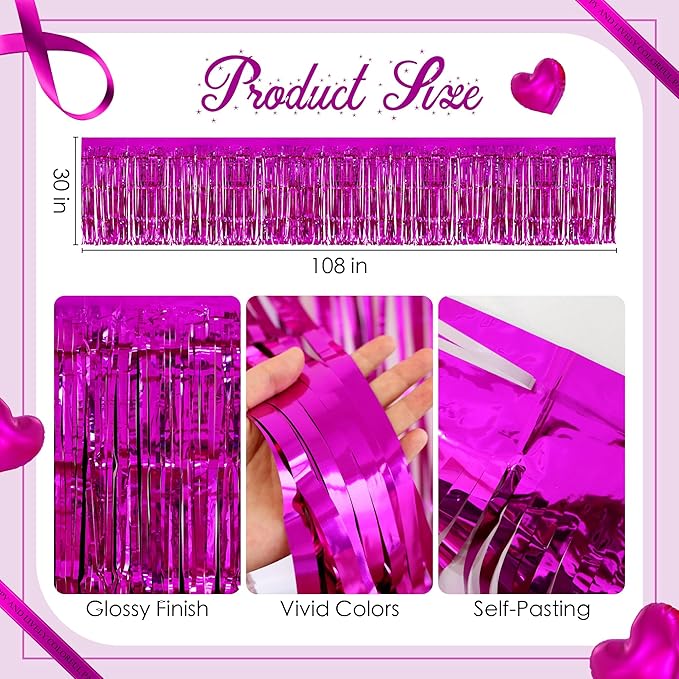 2 Pack Rose Red Table Skirts, 29x108" Metallic Foil Tinsel Fringe Table Skirts - Image 3