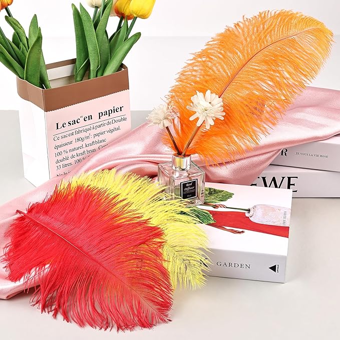 THARAHT Red Orange Yellow Ostrich Feathers 24pcs Natural Bulk 10-12Inch - Image 4