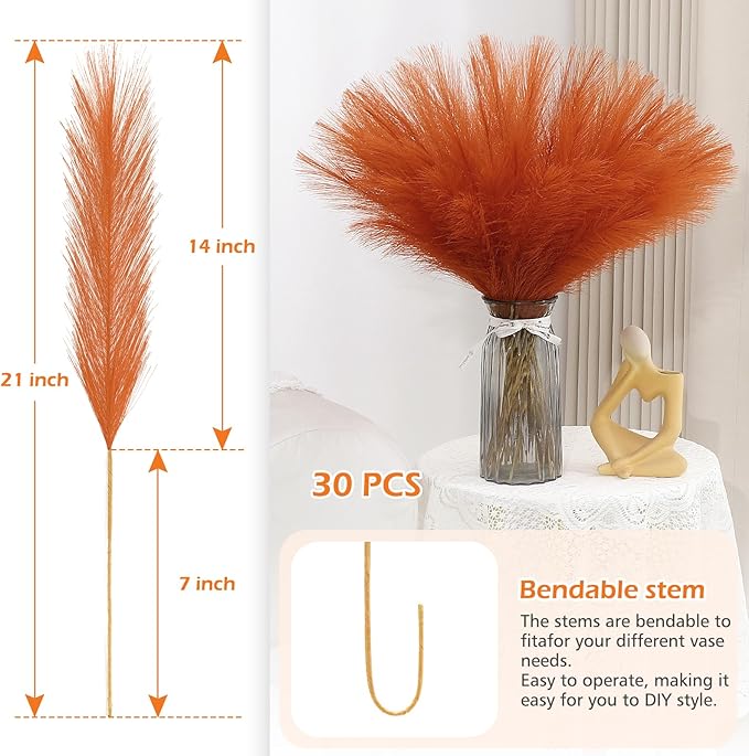 Orange Pampas Grass Decor 30 Pcs 21.7 Inch Faux Pampas Grass Bulk Artificial - Image 3
