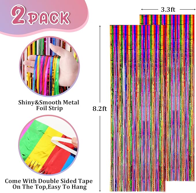 2 Pack 3.3x8.2 Feet Rainbow Foil Fringe Backdrop Curtains, Tinsel Streamers - Image 3
