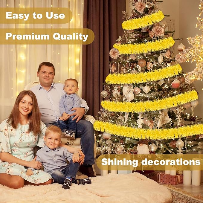 50 Feet Macaron Yellow Christmas Tinsel Garland, Metallic Foil Twist Banner - Image 4