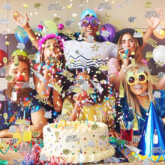VHUWE Happy Birthday Confetti, 1.6 oz Champagne Gold Silver Cake Balloon Star - Image 6