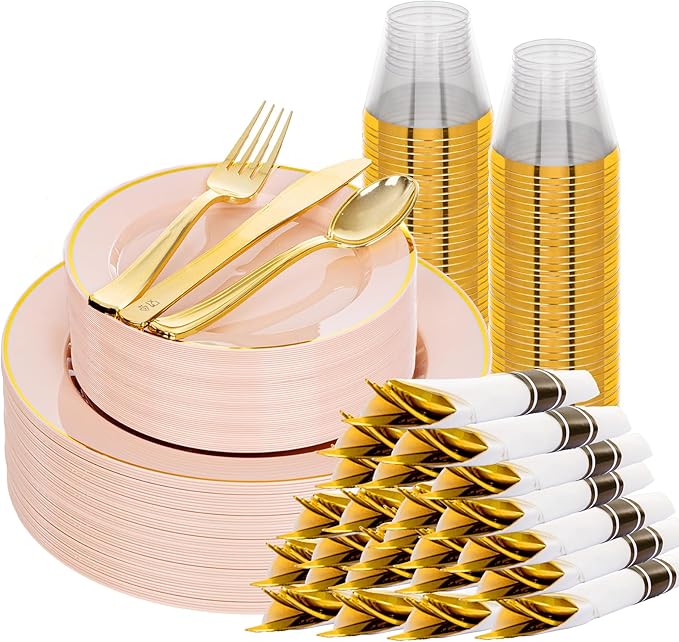 SUT 175 Pcs Pink and Gold Plastic Dinnerware Set by SeeYouTomorrow