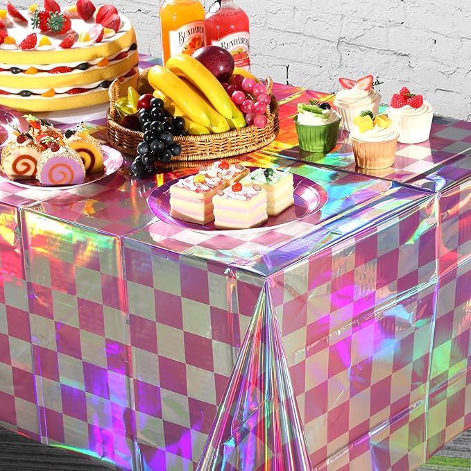 6 Pack Pink and Iridescent Checkered Plastic Tablecloth, Shiny Disposable Laser - Image 5