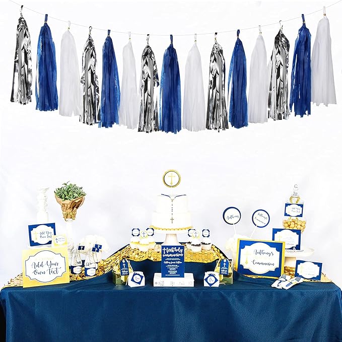 Navy Blue White Silver Party Decorations, Tassel Garland Banner Flowers - Image 6