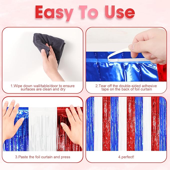 2 Pack Red White and Blue Tinsel Foil Fringe Curtains, 4th of July Decorations - Image 4