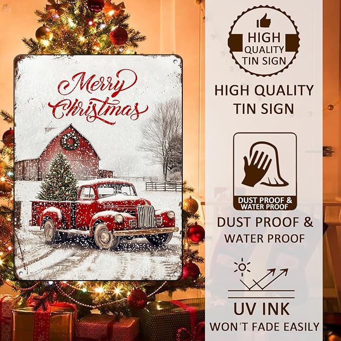 Vintage Christmas Red Truck Tin Sign Merry Christmas Truck Christmas Tree Metal - Image 4