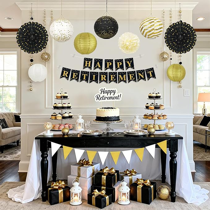 14Pcs Black and Gold Party Decorations, Hanging Paper Lanterns Fans Tissue - Image 6