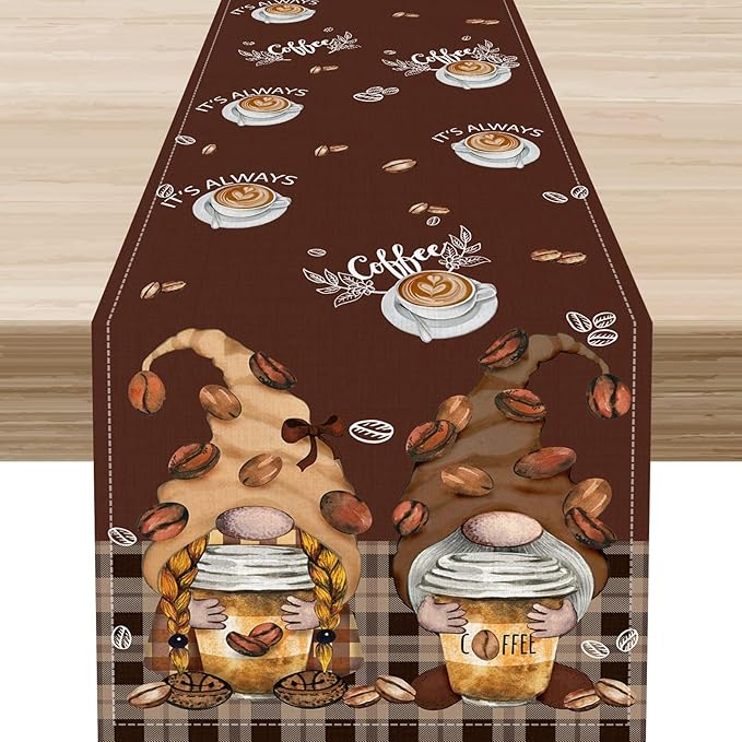 Coffee Time Table Runner, Farmhouse Retro Gnome Coffee Cup Tea Party Cafe Brwon by Unknown