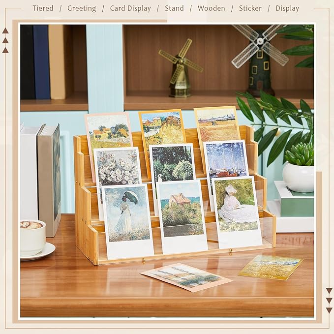 3 Tier Greeting Card Display Stand Wood Color Bamboo and Acrylic Sticker - Image 3