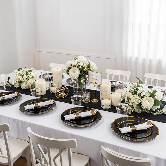 SUT 350 Pcs Black and Gold Plastic Dinnerware Set - Image 6