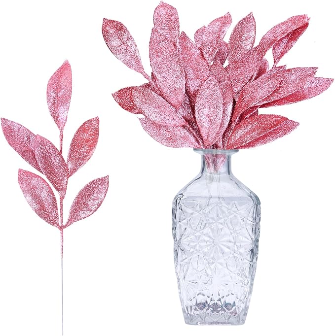 GREENTIME 12 Pack Artificial Pink Glitter Leaves 13" Fake Christmas Picks by Greentime