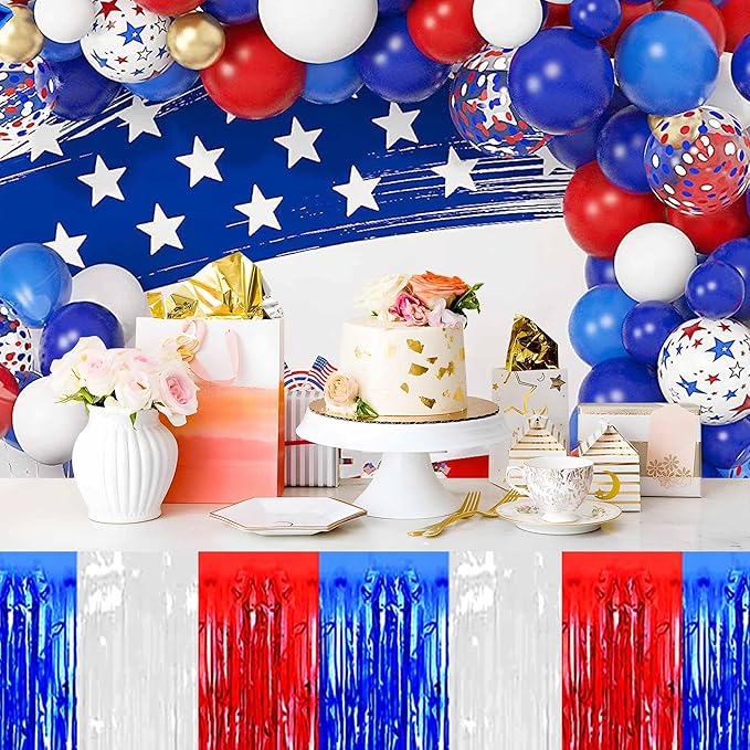3 Pack 29 x108 Inch White Blue Red Foil Fringe Table Skirts Metallic Banner - Image 6