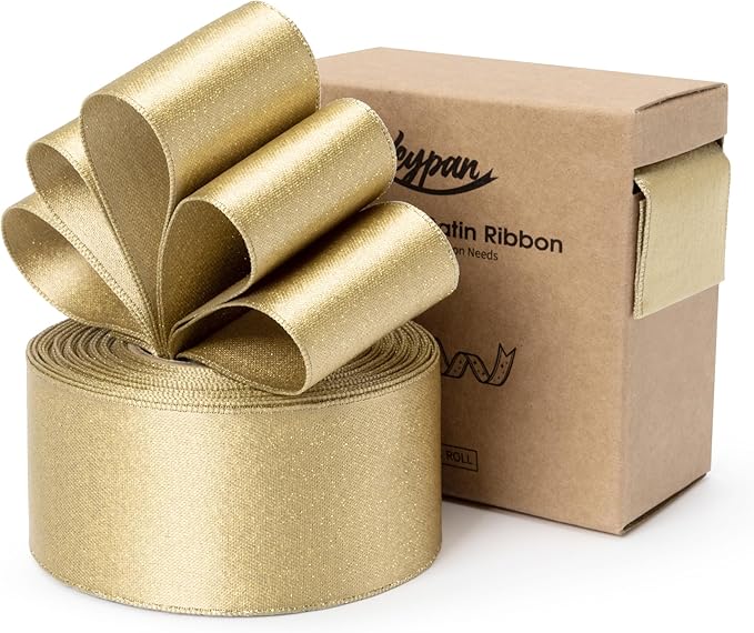 Gold Satin Wired Ribbon 1-1/2 Inch Double-Faced Glitter Ribbons by Keypan