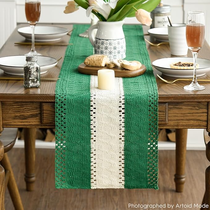 Artoid Mode Dark Green Farmhouse Rustic Table Runner, Seasonal Hollow Kitchen - Image 2