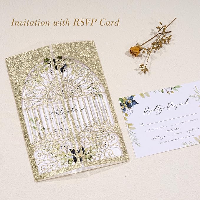 25Pcs Light Gold Glitter Laser Cut Wedding Invitation Kits - Image 3