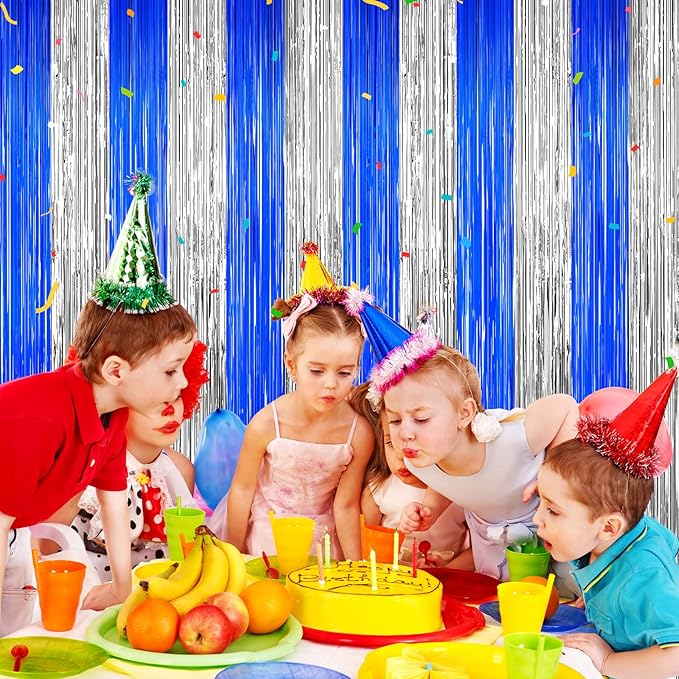 Silver and Blue Tinsel Backdrop Foil Fringe Curtains, Party Streamers Supplies - Image 4