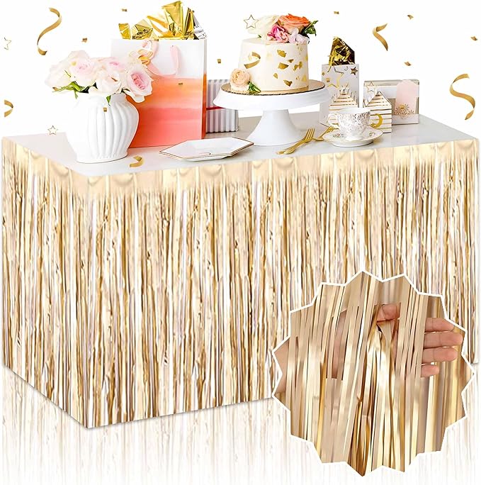 3 Pack 29 x108 Inch Champagne Gold Foil Fringe Table Skirts Metallic Banner by LANTIANCHEN