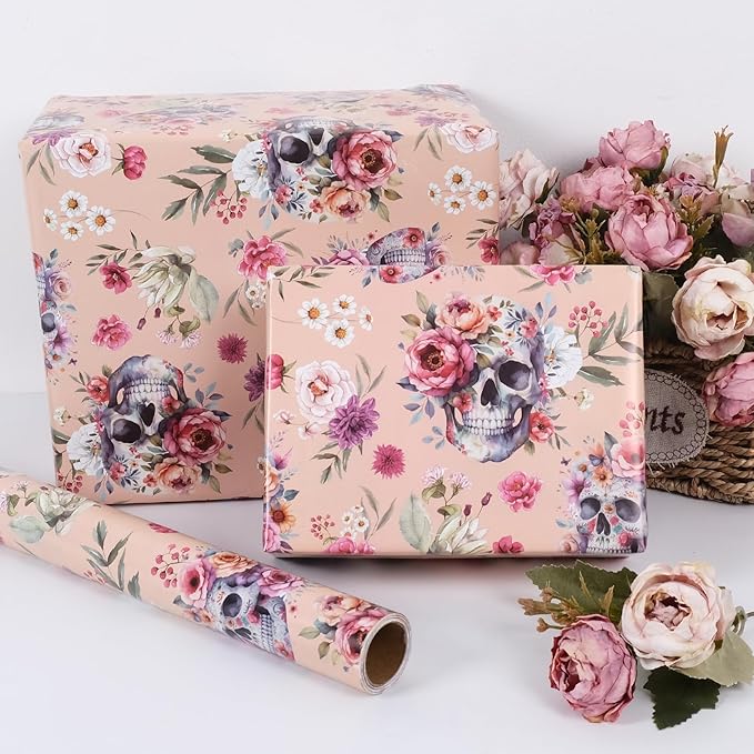 Aimyoo Gothic Wrapping Paper Roll, 17 Inch X 33 Fee Skull Floral Berry Design - Image 5