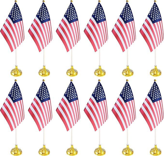 12 Pack USA US Desk Flags, Small Mini American Deluxe Table Flags Set by BCLin