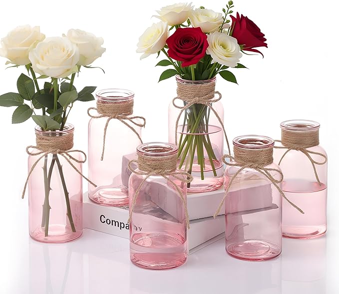 Pink Glass Flower Vases for Centerpieces Set of 6, Mason Jars Boho Cylinder Bud by Unknown