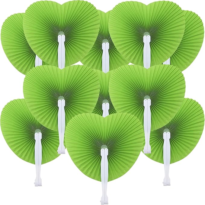 12 Packs Decorative Paper Folding Hand Fans Handheld, Grass Green Heart by Bestage
