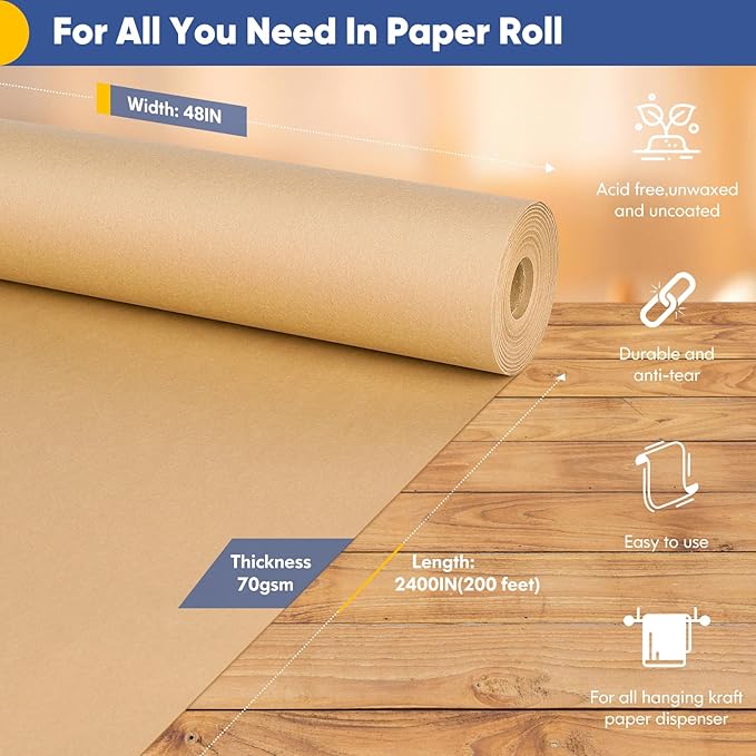 Vanhench 48"x 2400" Brown Jumbo Roll Wrapping Paper, Kraft Craft Paper Roll - Image 2