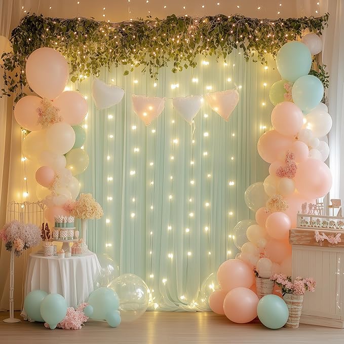Tulle Backdrop Curtain with Lights String 10FT X 8FT Sage Green Sheer Tulle - Image 6