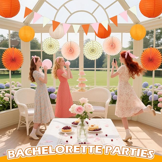 15Pcs Autumn Pink and Orange Party Decorations, Hanging Orange Paper Lanterns - Image 6