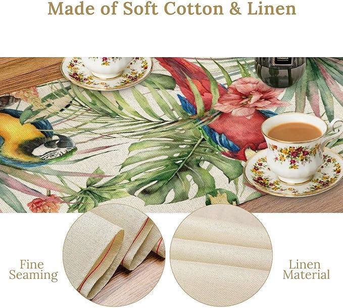 Parrot Table Runner, Tropical Palm Leaf Colorful Macaw Bird Watercolor Print - Image 3