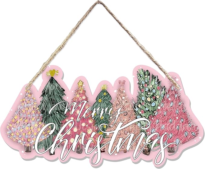 CGBHW Pink and Green Christmas Tree Wooden Sign, Merry Christmas Decoration by CGBHW