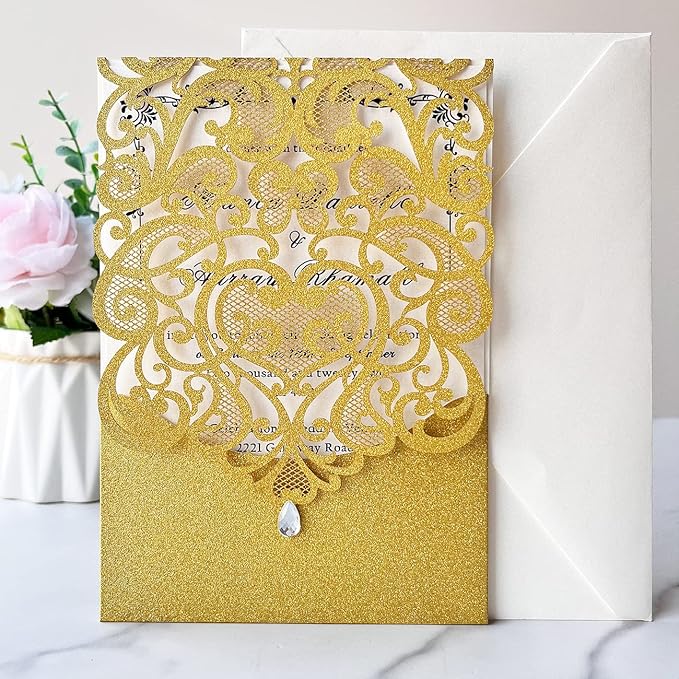 Hosmsua 50PCS Blank Wedding Invitation Cards 5 x 7.3 Inch Gold Laser Cut Hollow - Image 2
