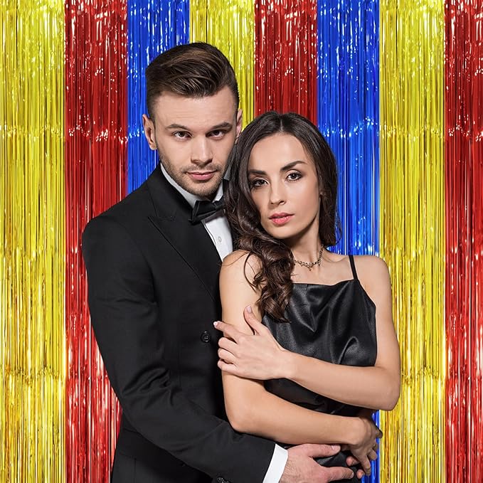2 Pack Blue Red Gold Foil Fringe Backdrop Curtains, Tinsel Streamers Party - Image 6