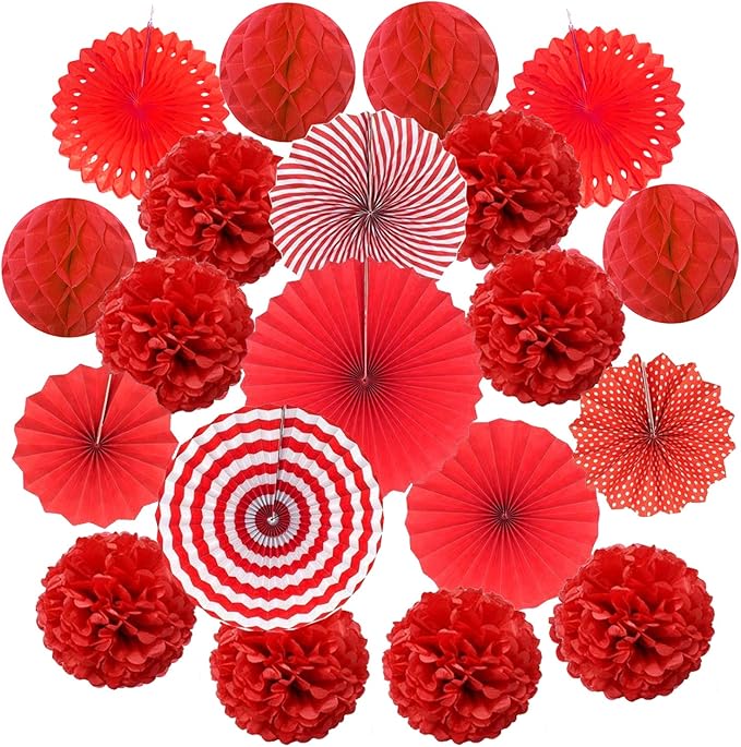 Hanging Paper Fan Set, Tissue Paper Pom Poms Flower Fan and Honeycomb Balls by Recosis