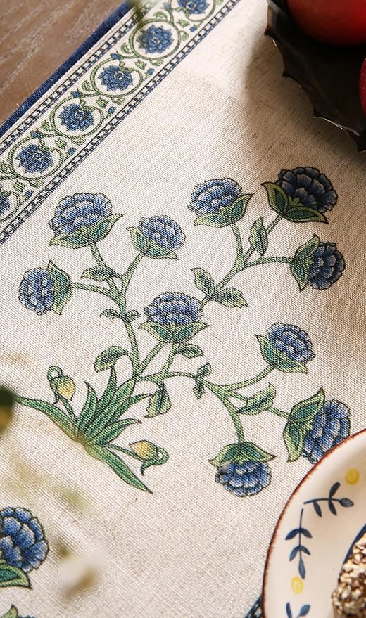 patdrea Designer Blue Rustic Elegant Floral Patterned Linen Table Runner 102 - Image 7