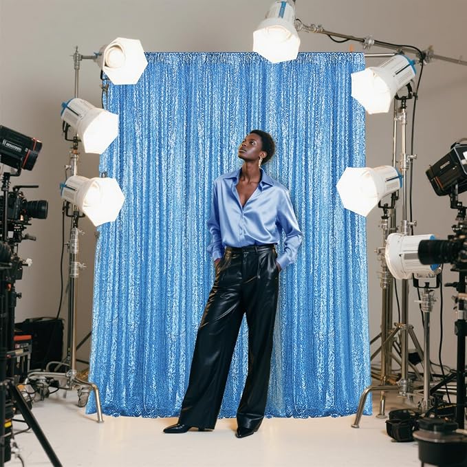 Blue Sequin Backdrop Curtain 2 Pieces 2FTx8FT Glitter Photography Backdrop - Image 3
