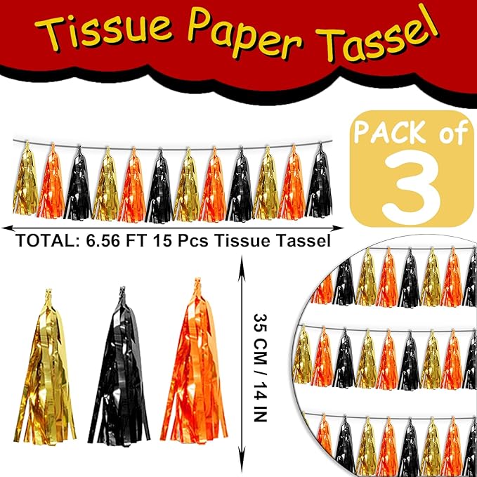 3P Orange Gold Black Metallic Fringe Tassel Banner Garland Foil Tinsel Streamer - Image 2