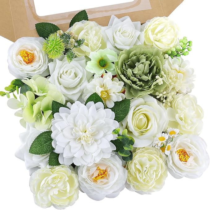 AmyHomie Green White Artificial Flowers Combo Silk Mix Peony Rose Fake Flowers by AmyHomie