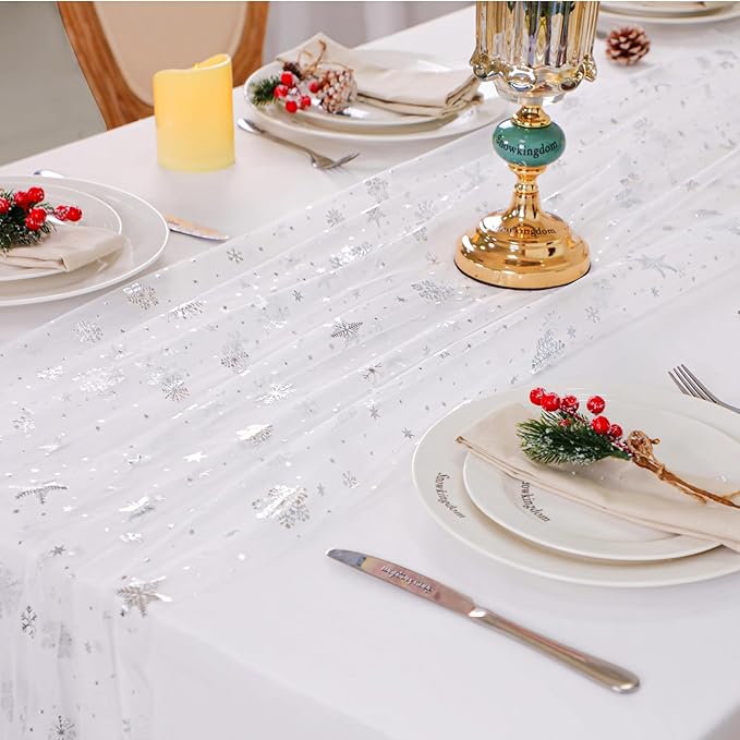 Snowkingdom 6 Pcs Christmas Snowflake Table Runners, 120 Inch Sheer Chiffon - Image 7