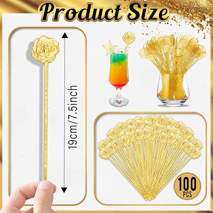 100 Pcs Gold Glitter Drink Stirrers Cocktails Plastic Swizzle Sticks 7.5 Inch - Image 3