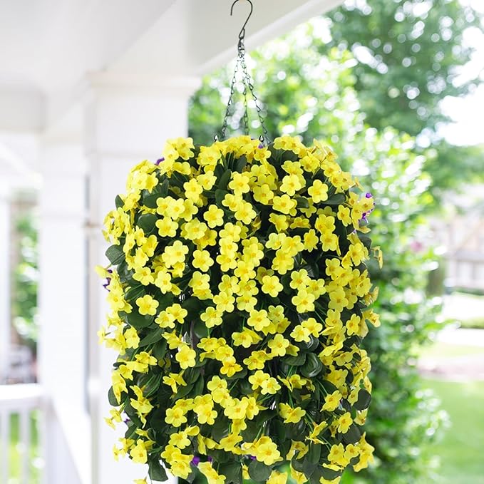 HyeFlora Artificial Fake Hanging Outdoor Flowers Plants Basket, Faux Silk - Image 2
